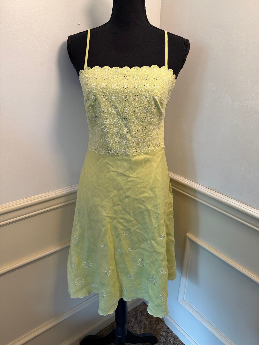 Vintage Ann Taylor Lime Green Eyelet Linen Sundress Scalloped Spaghetti Strap